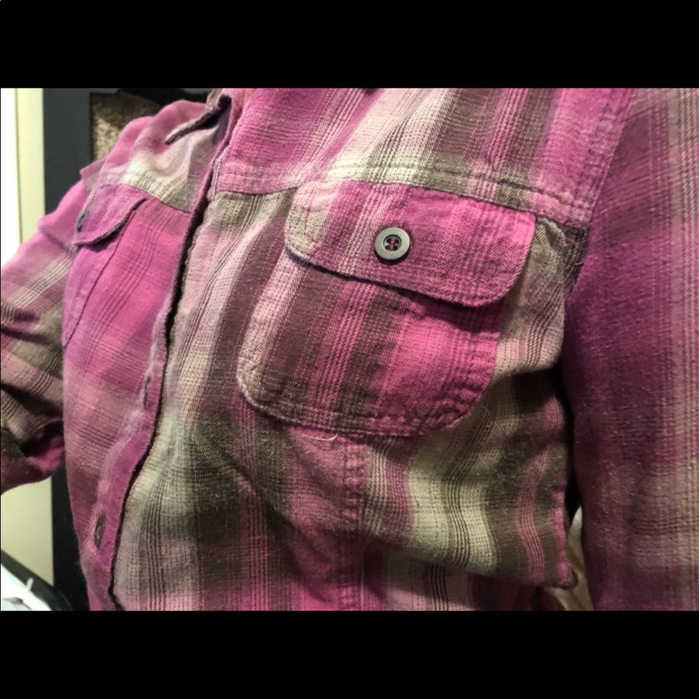 Pink purple striped flannel button up shirt